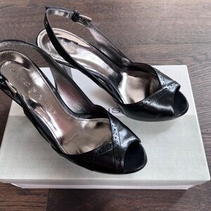 Mark Fisher Vendra Black Leather Peeptoe Slingback Pumps Heel Size 7 M